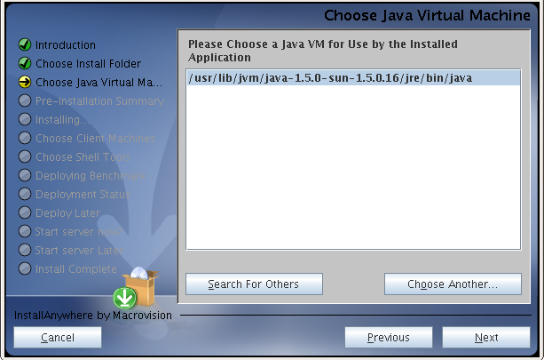Example of JVM selection from the installer